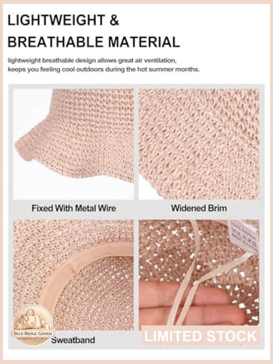 Wide Brim Straw Sun Hat Hand Woven Foldable Beach Bucket Hat UV Protection UPF